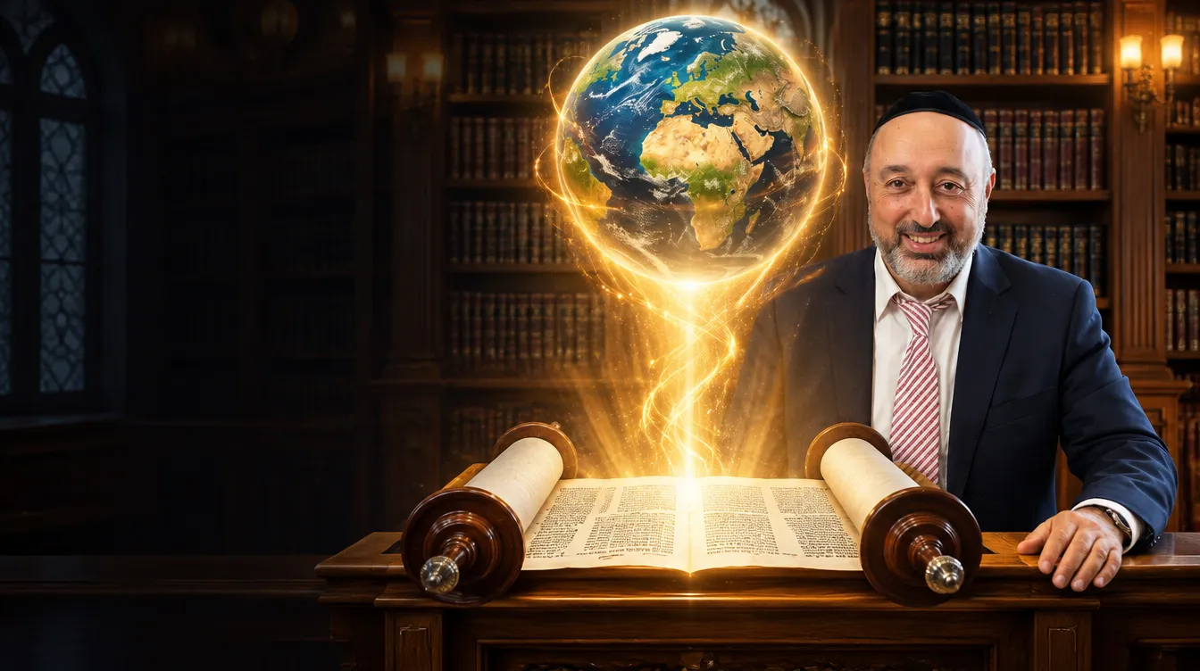Rabbi Ofer Davidov beside an open Torah scroll whose light rises into a glowing globe